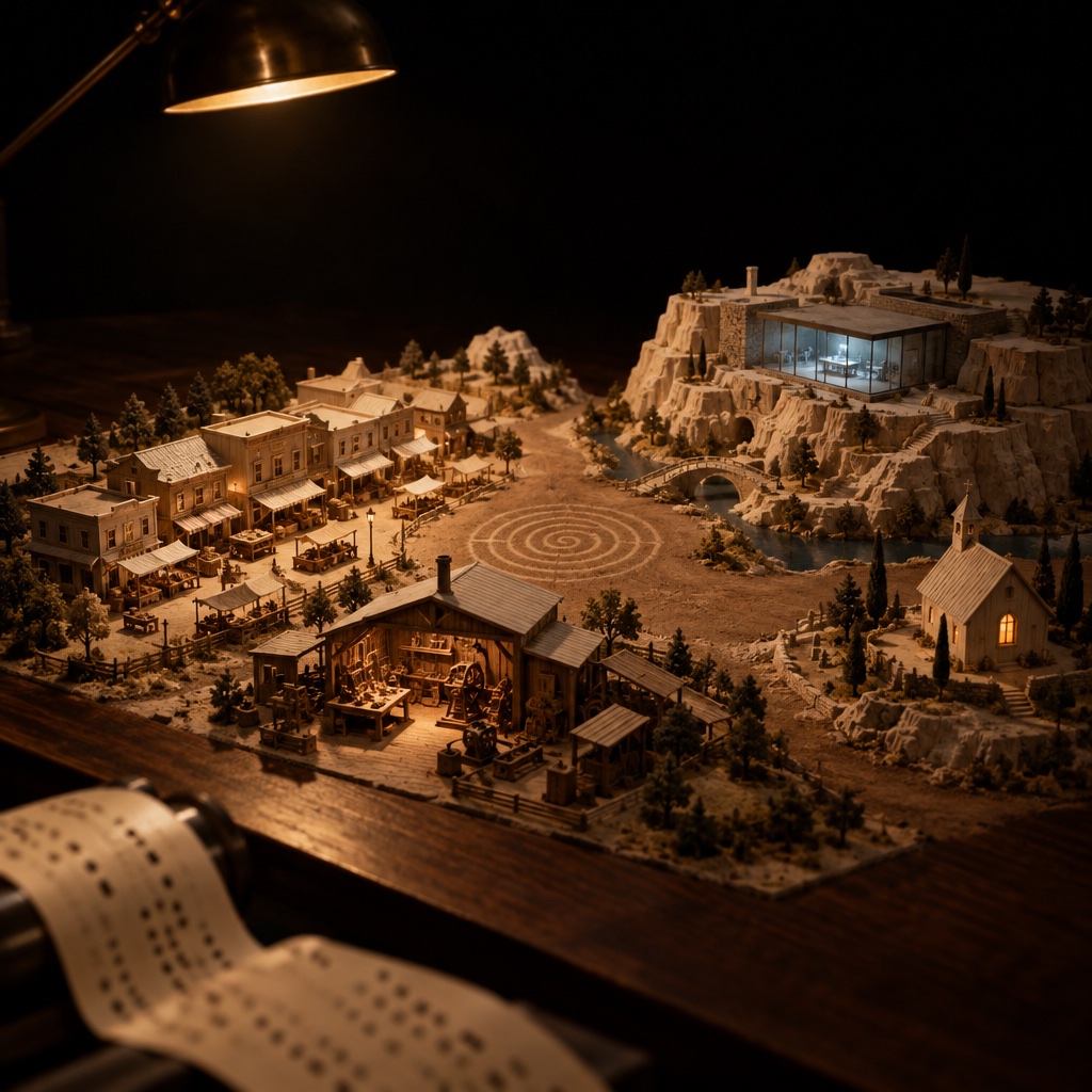 A carved wooden diorama of a small town under a warm lamp